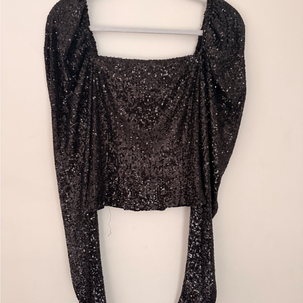 Ramy Brook Sky Top Black Sequin Puff-Sleeve Square-Neck blouse Size 6 - Picture 3 of 9